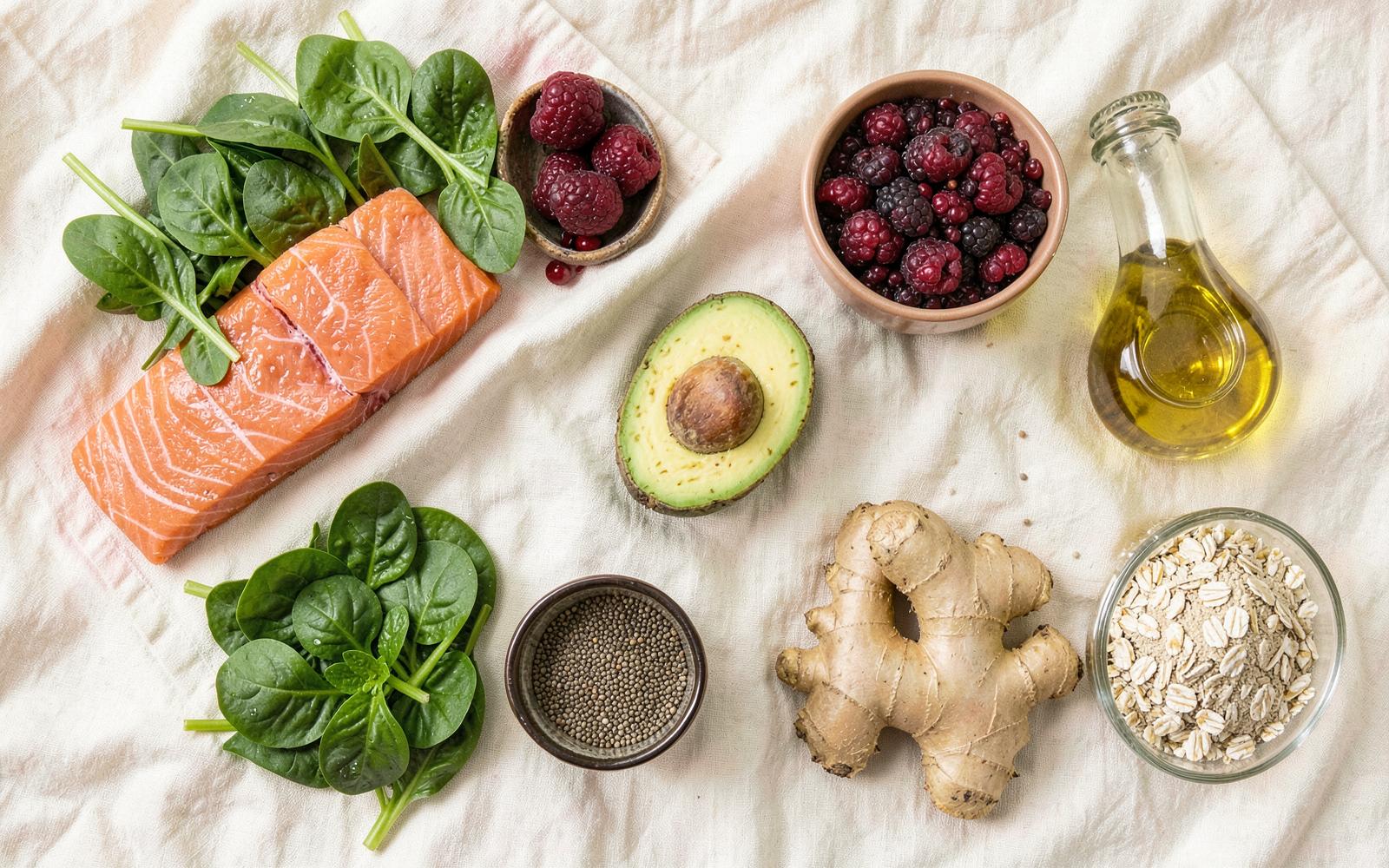 Alimentos anti-inflamatórios: salmão, espinafre, abacate, frutas vermelhas, gengibre, aveia e azeite